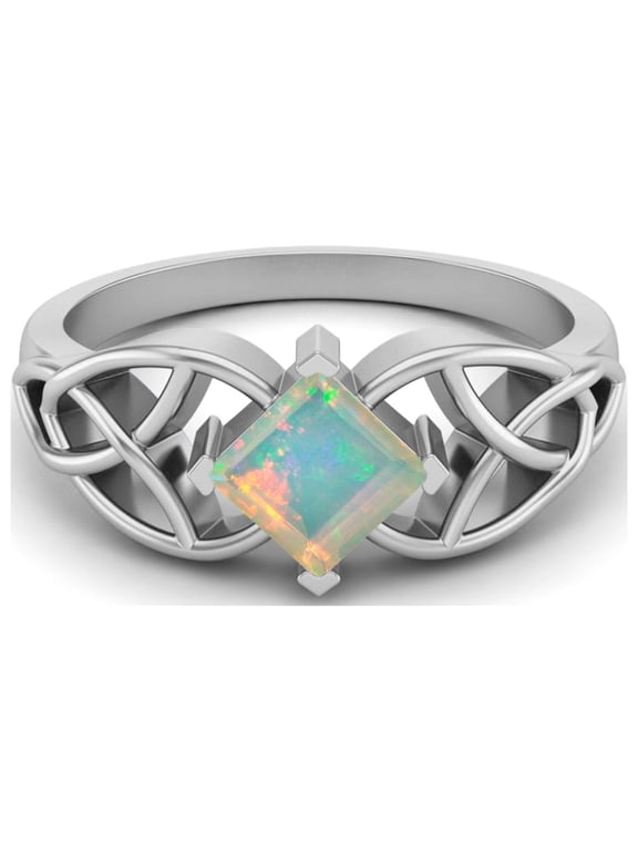 5mm Square Shape Natural Opal 925 Sterling Silver Celtic Women Valentines Day Gifts Ring