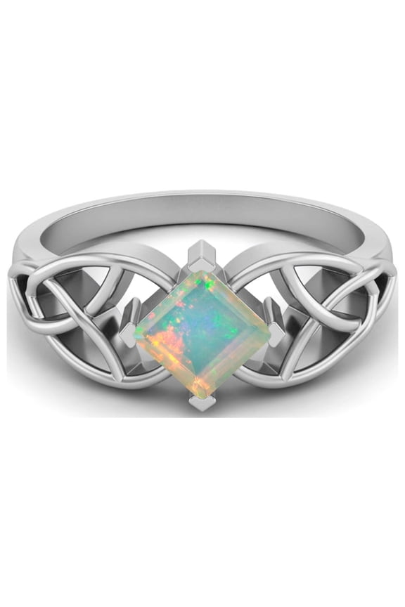 5mm Square Shape Natural Opal 925 Sterling Silver Celtic Women Valentines Day Gifts Ring