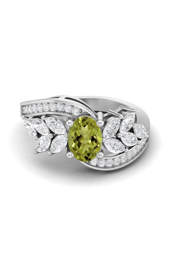 7X5mm Oval Peridot 925 Sterling Silver Solitaire Leaf Design Valentines Day Gifts Ring