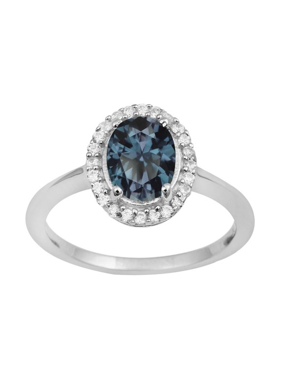8X6mm Oval Teal Blue Gemstone 925 Sterling Silver Solitaire Halo Women Anniversary Ring