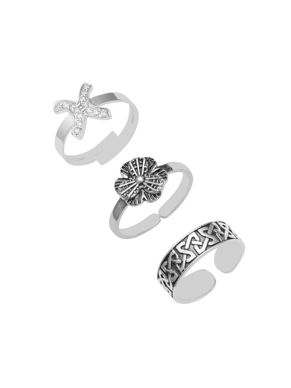 925 Sterling Silver Adjustable Toe Rings For Women, Blossam Floral, Celtic Knot Oxidized Foot Jewelry - Set of 3