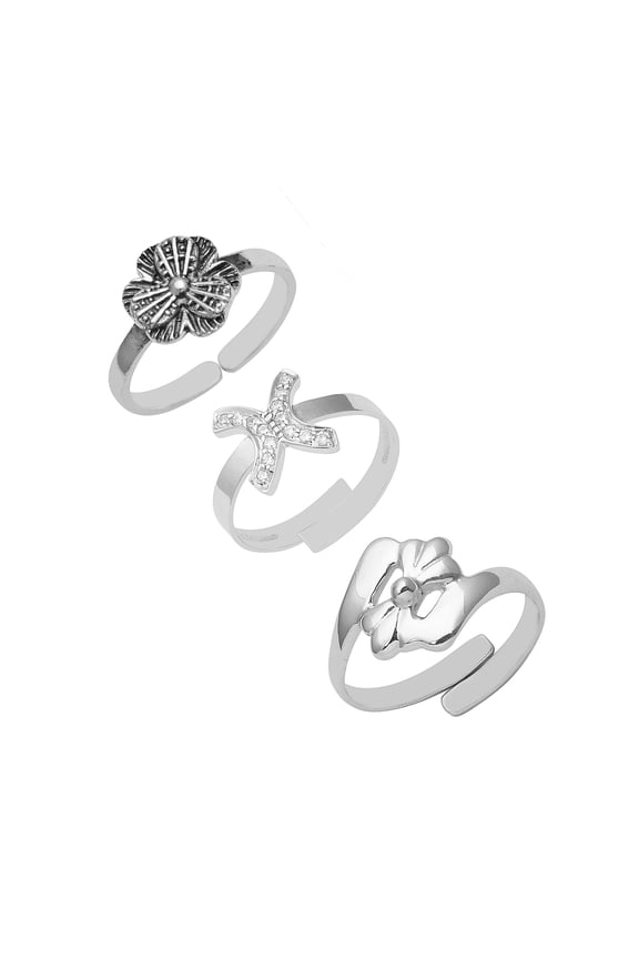 925 Sterling Silver Adjustable Toe Rings For Women, Blossam Floral, Letter X Oxidized Foot Jewelry - Set of 3