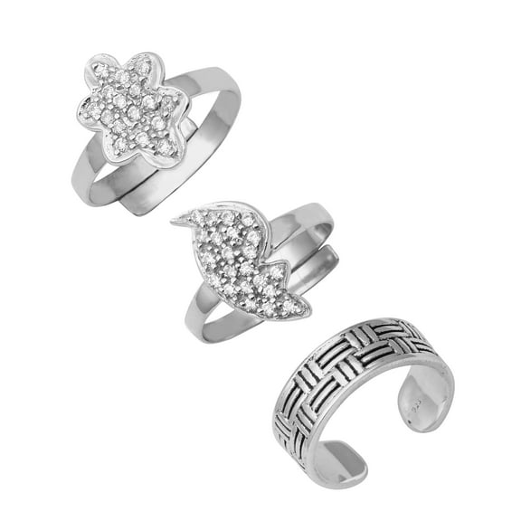 Mooneye 925 Sterling Silver Adjustable Toe Rings For Women Cubic Zirconia, Floral, Minimal Oxidized Foot Jewelry - Set of 3
