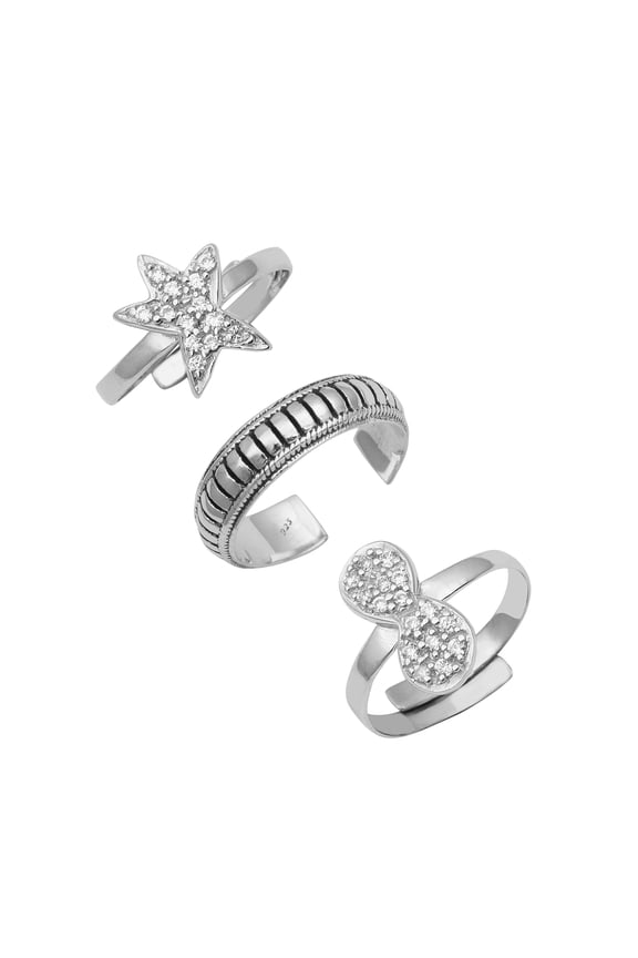 925 Sterling Silver Adjustable Toe Rings For Women Cubic Zirconia, Star Fish, Infinity, Minimal Oxidized Foot Jewelry - Set of 3