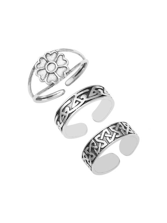 925 Sterling Silver Adjustable Toe Rings For Women, Floral, Celtic Beach' Oxidized Foot Jewelry - Set of 3