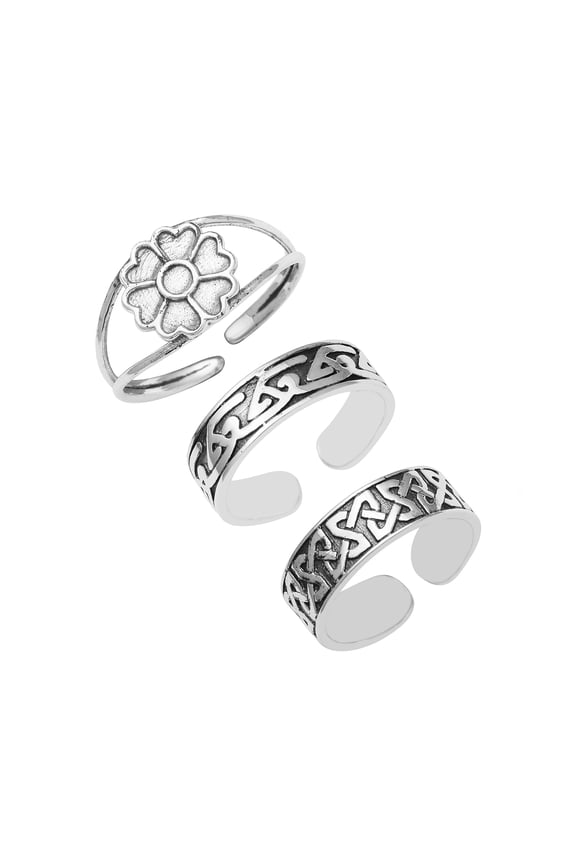925 Sterling Silver Adjustable Toe Rings For Women, Floral, Celtic Beach' Oxidized Foot Jewelry - Set of 3