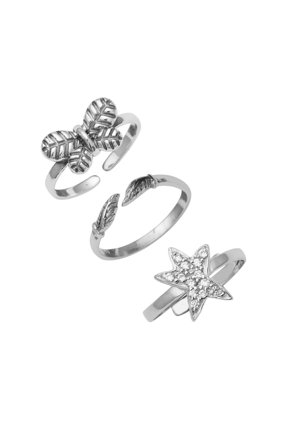 925 Sterling Silver Butterfly Star Design, Knuckle Adjustable Boho Toe Rings For Women Set of 3
