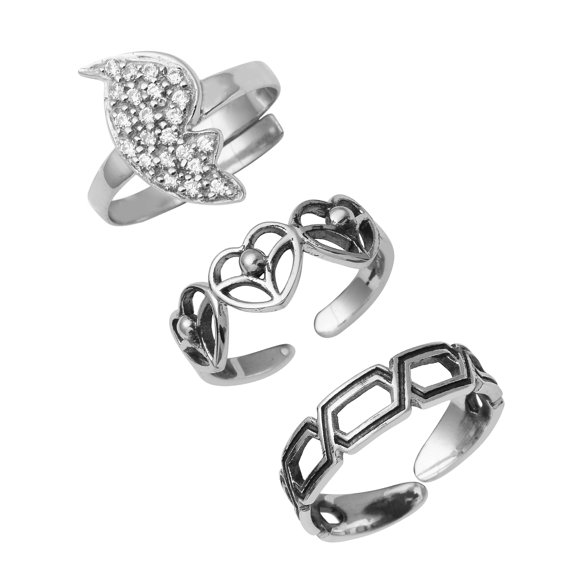 Mooneye 925 Sterling Silver Cute Heart Leafy Toe Ring Adjustable Oxidized Summer Beach Jewelry For Women - Set of 3