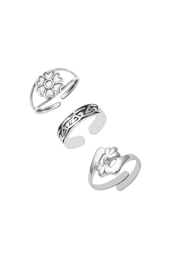 925 Sterling Silver Floral Celtic Design Simple Toe Ring Open Adjustable Toe Rings For Women Set OF 3 Pcs