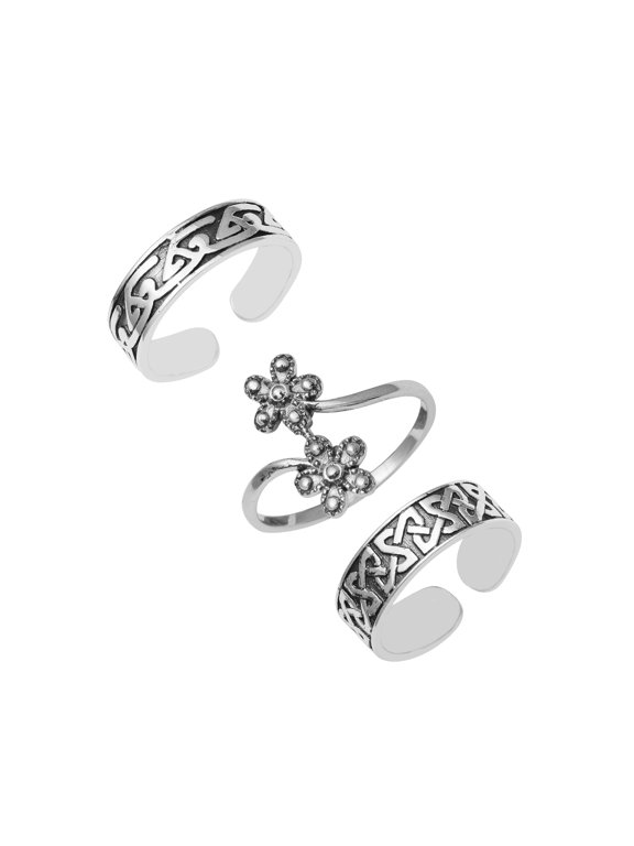 925 Sterling Silver Floral, Celtic, Minimal Adjustable Toe Rings For Women Oxidized Foot Jewelry - Set of 3
