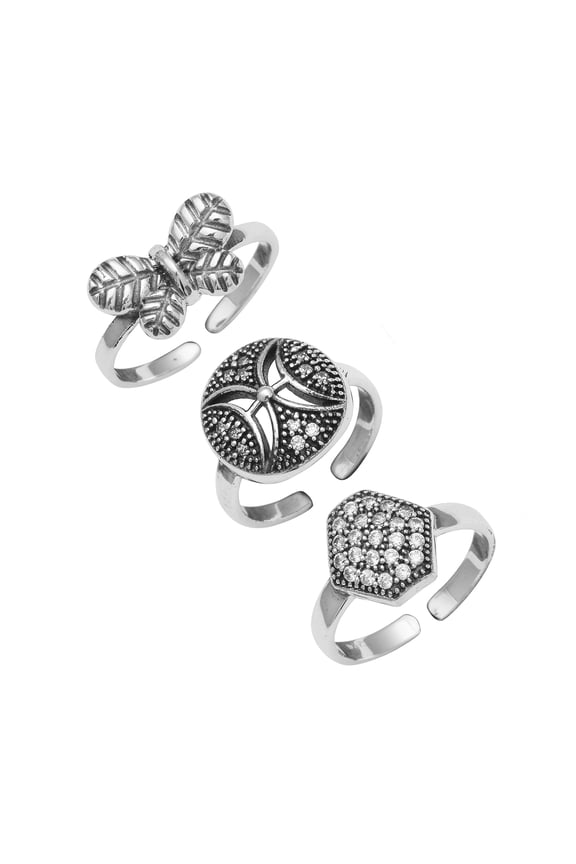 925 Sterling Silver Geometric, Butterfly Adjustable Boho Toe Rings For Women Oxidized Foot Jewelry - Set of 3