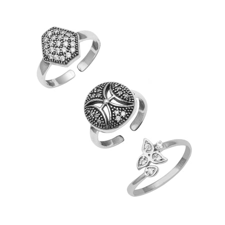 Mooneye 925 Sterling Silver Geometric, Floral Adjustable Toe Rings For Women Oxidized Foot Jewelry - Set of 3