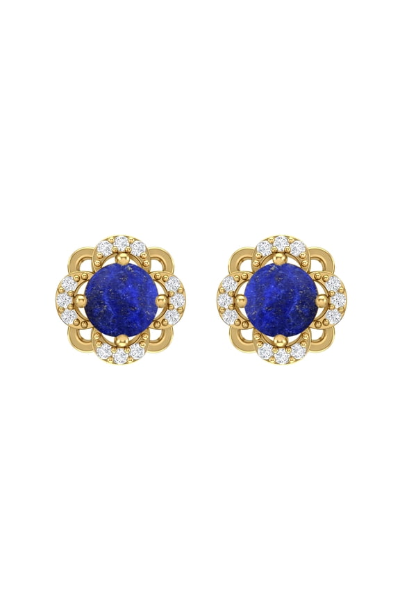 925 Sterling Silver Gold Vermeil 5mm Round Lapis Lazuli Solitaire Flower Halo Women Gifts Stud Earrings