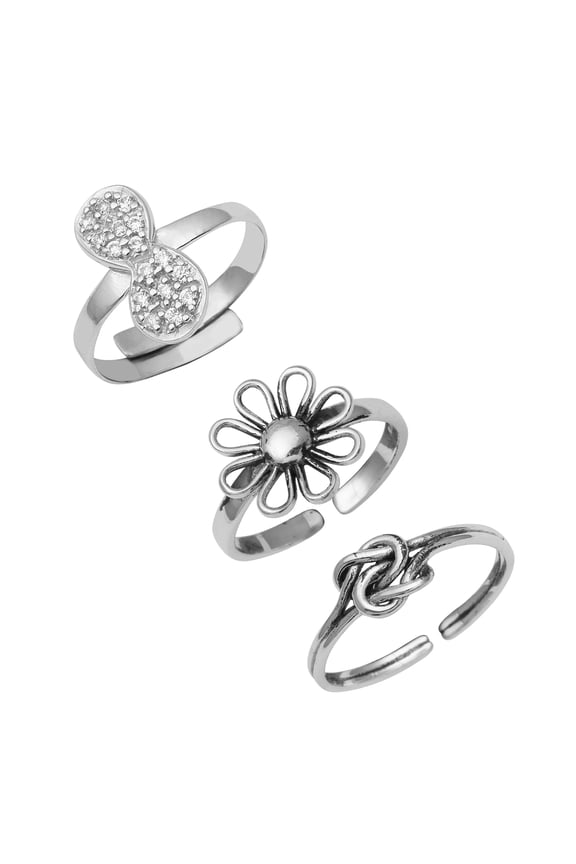 925 Sterling Silver Infinity, Love knot Floral Design Adjustable Toe Rings For Women Oxidized Foot Jewelry - Set of 3