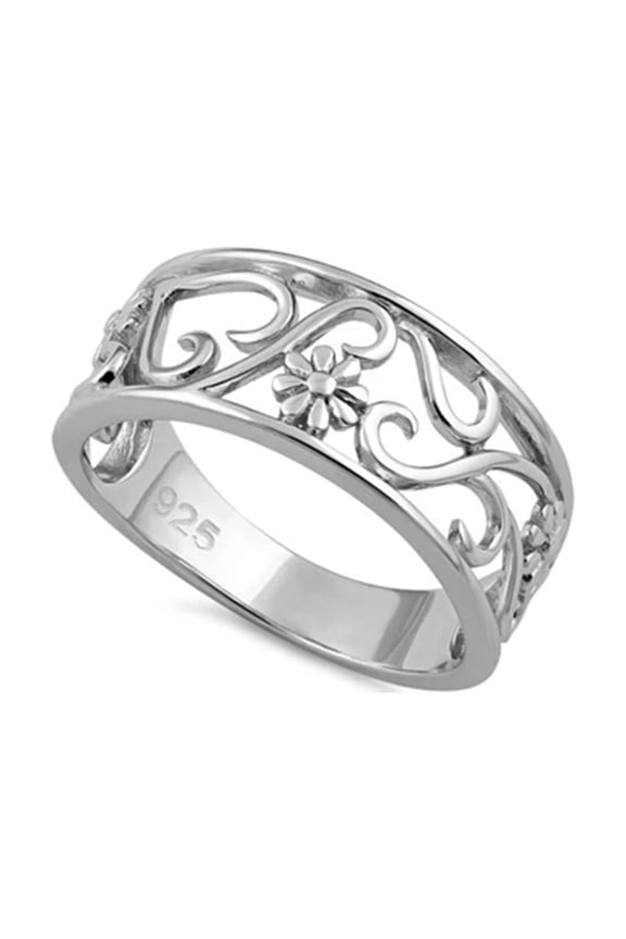 925 Sterling Silver Oxidized Platinum Plated Flowers Spoon Women Valentines Day Gifts Ring
