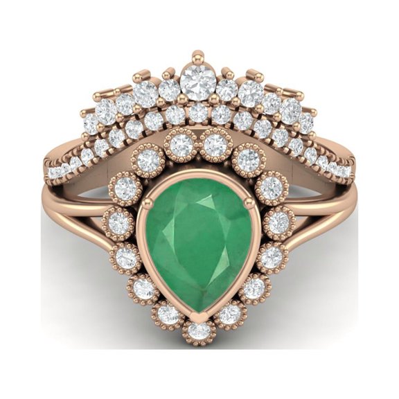 Mooneye 925 Sterling Silver Rose Vermeil 1.99 Cts Pear Emerald Tiara Crown Women Gifts Ring