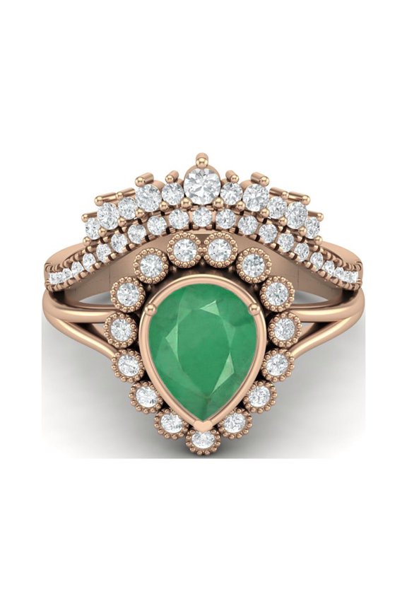 925 Sterling Silver Rose Vermeil 1.99 Cts Pear Emerald Tiara Crown Women Gifts Ring