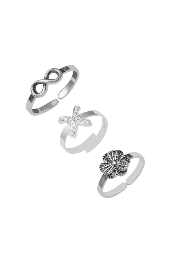 925 Sterling Silver Summer Beach's Foot Jewelry, infinity, Floral, Adjustable Oxidized Toe Rings For Women - Set of 3