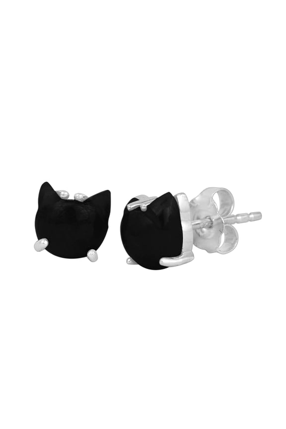 Black Cat Stud 7mm Black Onyx 925 Sterling Silver Women Gifts Earrings