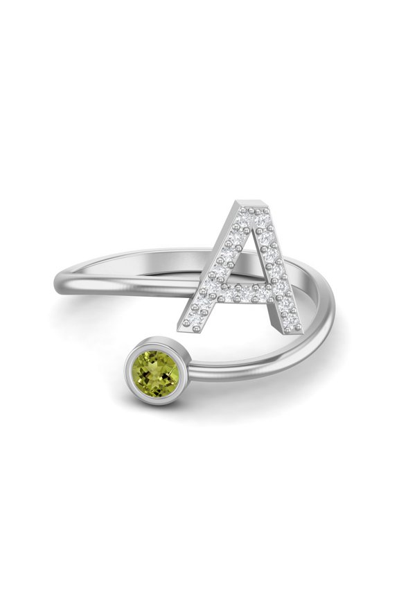 Capital A Initial Letter 3mm Round Peridot 925 Sterling Silver Adjustable Women Gifts Ring