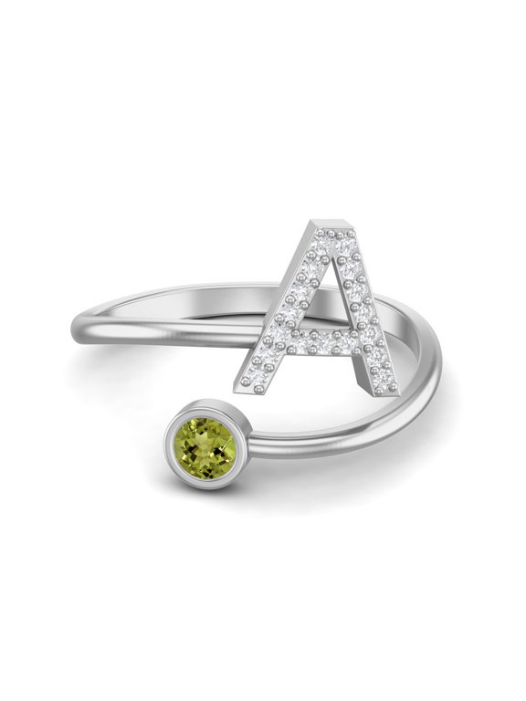 Capital A Initial Letter 3mm Round Peridot 925 Sterling Silver Adjustable Women Gifts Ring