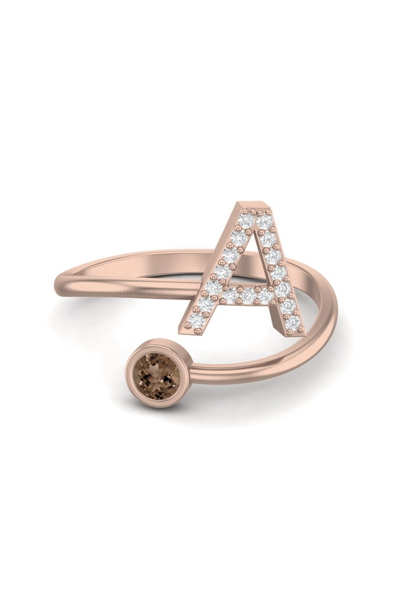 Capital A Initial Letter 3mm Smoky Quartz 925 Sterling Silver Rose Vermeil Women Gifts Ring