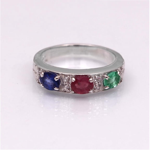 Mooneye Oval Shape Emerald & Ruby Blue Sapphire Art Deco Band Ring 925 Sterling Silver