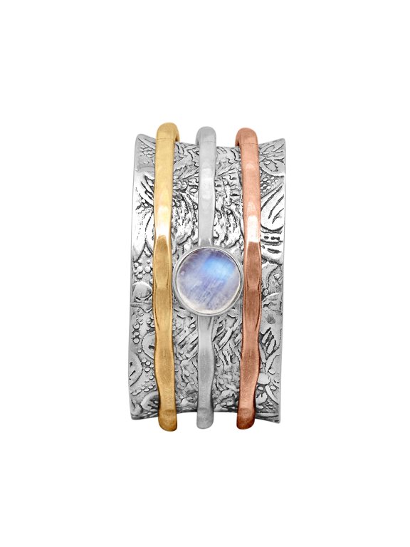 Round Moonstone Three Multi Color Band 925 Sterling Silver Women Gift Spinner Ring