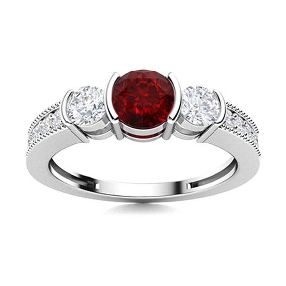 Mooneye Semi Bezel Set 4mm Round Garnet 925 Sterling Silver Three Stone Mother's Day Gift Ring