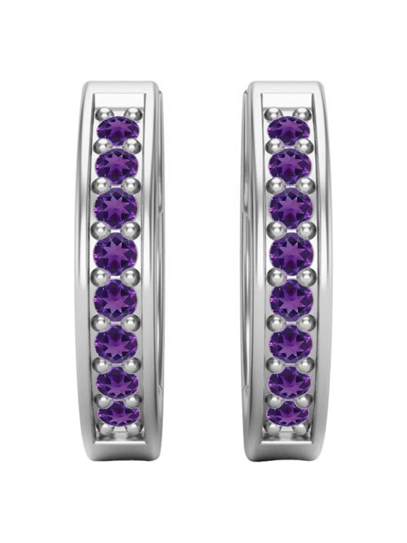 Solid 925 Sterling Silver Round Purple Amethyst Heggie Hoops Women Wedding Earrings
