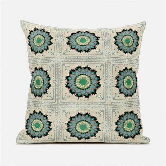Moonflower Mandala Indoor/Outdoor Pillow in Beige Black Green 20x20