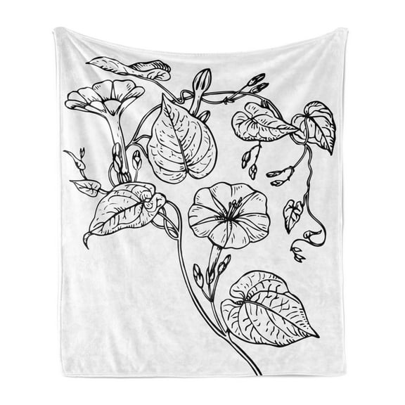 Moonflower Soft Flannel Fleece Blanket, Detailed Outline Style Morning Glory Flowers in Monochrome Design, Cozy Plush for Indoor and Outdoor Use, 60" x 80", Charcoal Grey and White, by Ambesonne