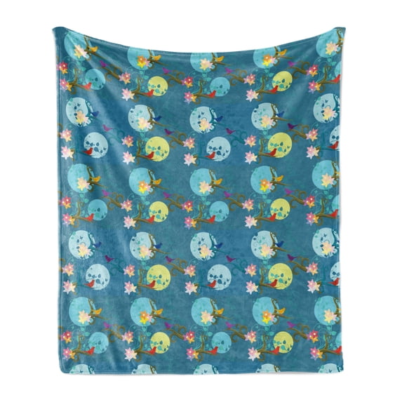 Moonflower Soft Flannel Fleece Blanket, Repetitive Pattern with Colorful Little Birds on Curly Branches, Cozy Plush for Indoor and Outdoor Use, 60" x 80", Dark Turquoise Multicolor, by Ambesonne