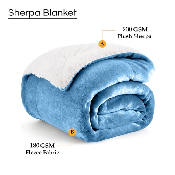 Moonlight 20015 Plush Sherpa Bed Blanket Super Soft Warm Ultra Cozy Reversible Fleece Queen Light Blue