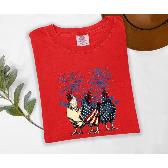 Moonlight Apparel 4th of July Chicken Fireworks Multicolor T-Shirt – Funny Patriotic Rooster Graphic Tee for Men & Women – USA Flag Independence Day Shirt
