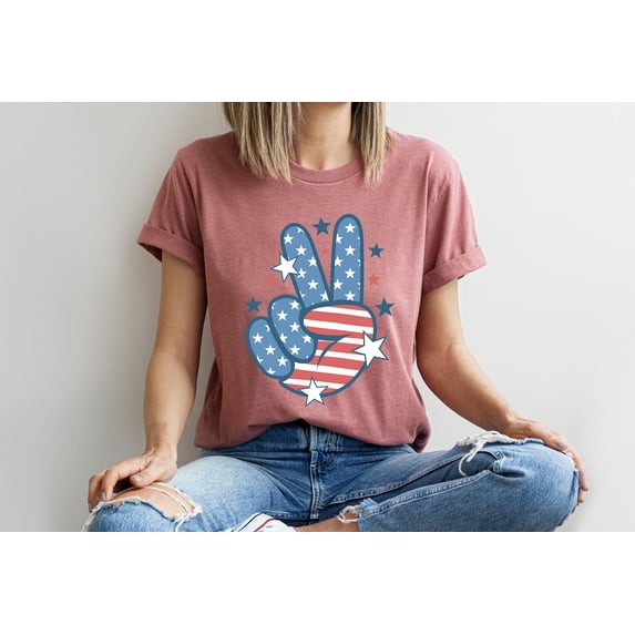 Moonlight Apparel 4th of July Multicolor Graphic T-Shirt Patriotic Peace Sign Shirt for Women & Men USA Flag Tee for Independence Day Summer BBQs Memorial Day Veterans Day.
