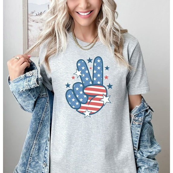 Moonlight Apparel 4th of July Multicolor Graphic T-Shirt Patriotic Peace Sign Shirt for Women & Men USA Flag Tee for Independence Day Summer BBQs Memorial Day Veterans Day.