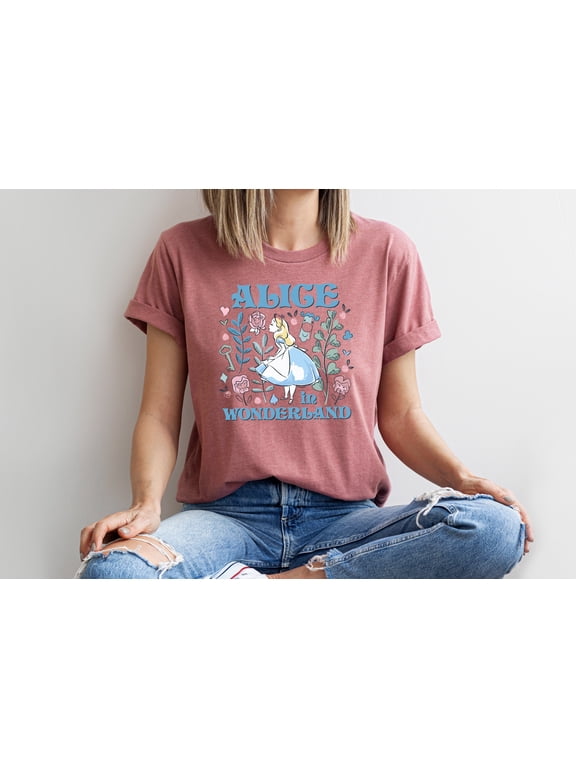 Alice in Wonderland Graphic Tee Comfort Multi-Colors T-Shirt for Women Classic Fairy Tale Shirt Vintage Book Character Tee Whimsical Cottagecore Floral T-Shirt Gift for Readers