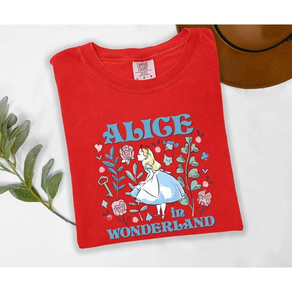 Moonlight Apparel Alice in Wonderland Graphic Tee Comfort Multi-Colors T-Shirt for Women Classic Fairy Tale Shirt Vintage Book Character Tee Whimsical Cottagecore Floral T-Shirt Gift for Readers