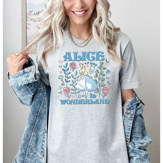 Moonlight Apparel Alice in Wonderland Graphic Tee Comfort Multi-Colors T-Shirt for Women Classic Fairy Tale Shirt Vintage Book Character Tee Whimsical Cottagecore Floral T-Shirt Gift for Readers