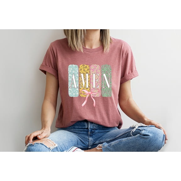 Moonlight Apparel Amen Graphic T-Shirt Faith Floral Print Shirt Women's Christian Casual Tee Inspirational Comfort Multi-Colors T-Shirt Cute Religious Top Boho Style