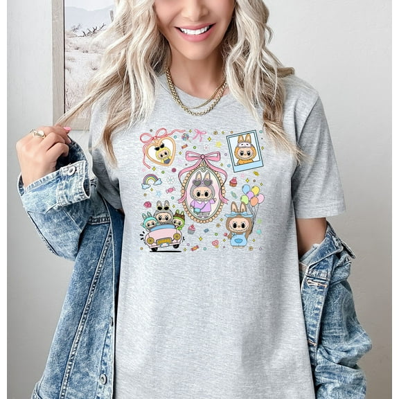 Moonlight Apparel Animal Graphic T-Shirt for Women Cute Pastel Cartoon Characters Tee Short Sleeve Aesthetic Top Soft Casual Crewneck Shirt Adorable Anime-Inspired Gift