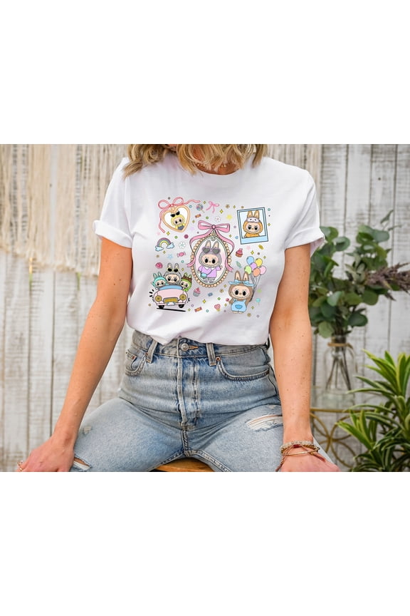 Animal Graphic T-Shirt for Women Cute Pastel Cartoon Characters Tee Short Sleeve Aesthetic Top Soft Casual Crewneck Shirt Adorable Anime-Inspired Gift