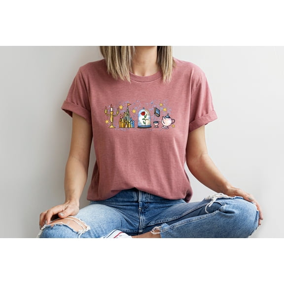 Moonlight Apparel Beauty and the Beast Inspired Multi-Color T-Shirt Women’s Disney Castle Graphic Tee with Rose, Lumiere, and Chip Fairytale Magic Shirt Soft Cotton Comfort