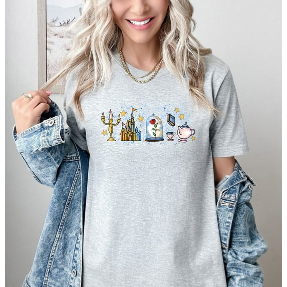 Moonlight Apparel Beauty and the Beast Inspired Multi-Color T-Shirt Women’s Disney Castle Graphic Tee with Rose, Lumiere, and Chip Fairytale Magic Shirt Soft Cotton Comfort
