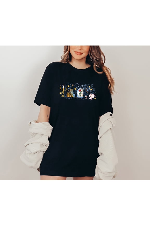 Beauty and the Beast Inspired Multi-Color T-Shirt Women’s Disney Castle Graphic Tee with Rose, Lumiere, and Chip Fairytale Magic Shirt Soft Cotton Comfort