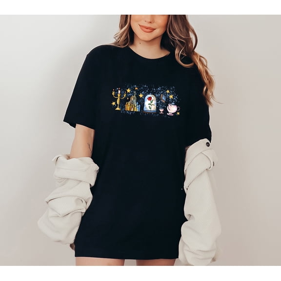 Moonlight Apparel Beauty and the Beast Inspired Multi-Color T-Shirt Women’s Disney Castle Graphic Tee with Rose, Lumiere, and Chip Fairytale Magic Shirt Soft Cotton Comfort