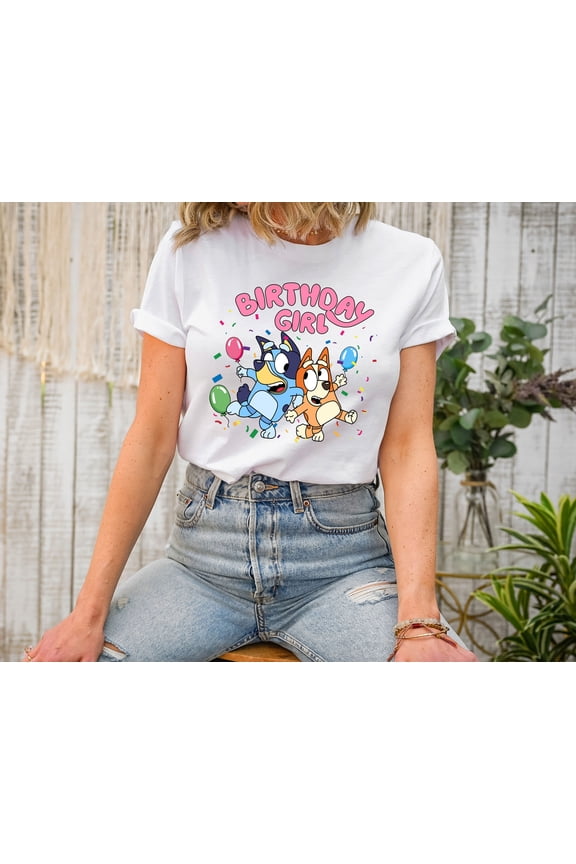 Birthday Girl Cartoon Character T-Shirt Fun Party Graphic Tee for Women Kids Baby Casual Short Sleeve Birthday Outfit