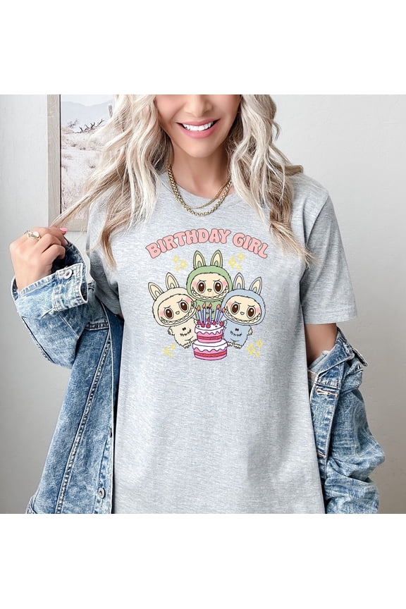 Birthday Girl Graphic T-Shirt for Women Cute Anime Cake Shirt Funny Cartoon Characters Tee Pastel Short Sleeve Casual Cotton Blend Top for Parties or Gifts