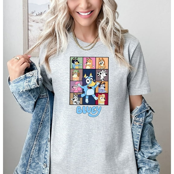 Moonlight Apparel Bluey Characters Graphic T-Shirt for Women Cute Cartoon Dog Print Tee Short Sleeve Crew Neck Casual Trendy Top Official Licensed Bluey Apparel